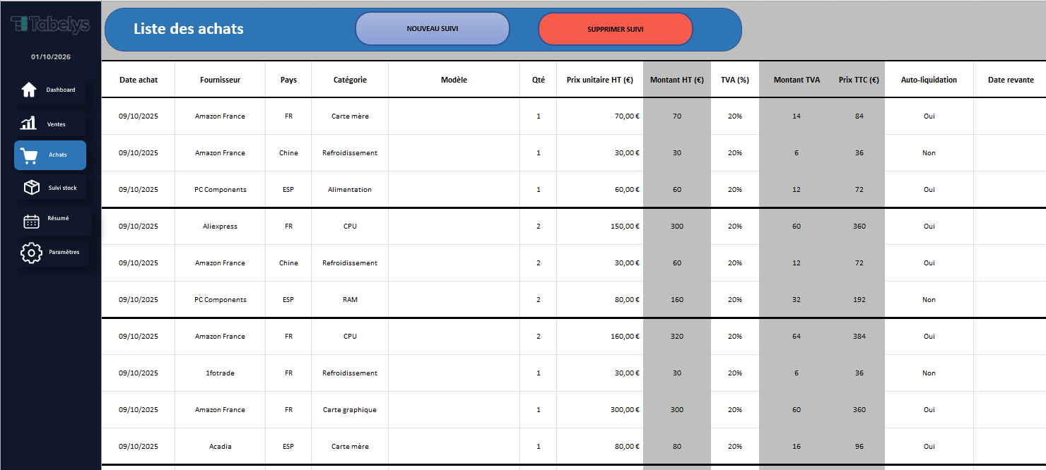 Onglet Liste des achats avec menu de navigation, boutons Nouveau suivi et Supprimer suivi, fournisseurs, catégories, TVA